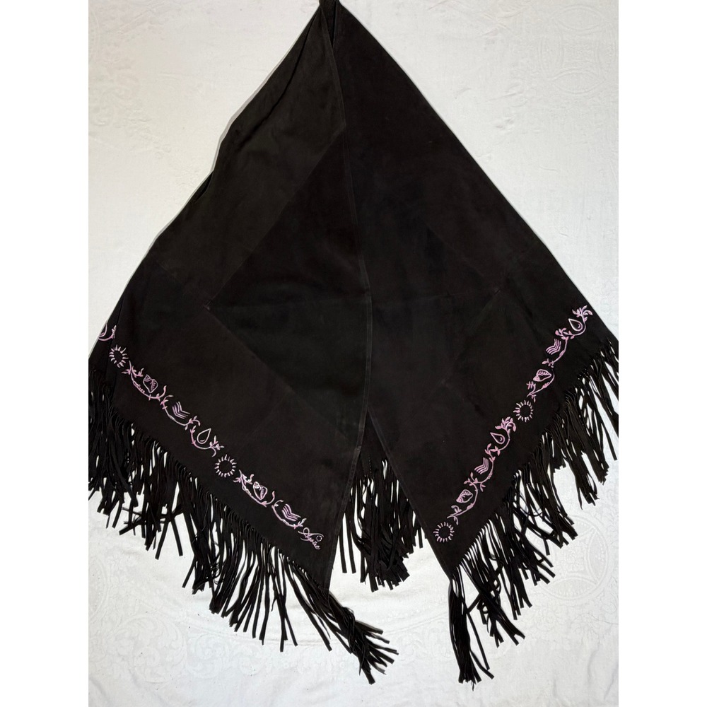 Aspire Black Suede Leather Shawl Wrap Pink Embroidered Fringe Boho Western